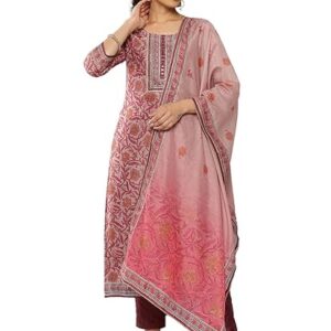 Libas Mauve Yoke Design Silk Blend Straight Kurta With Trousers & Dupatta