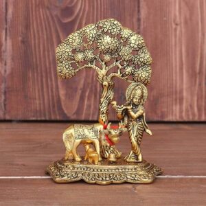Metal Krishna Ji With Cow Standing Under Tree Playing Flute