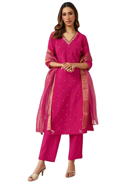 Pink Chanderi A-Line Suit