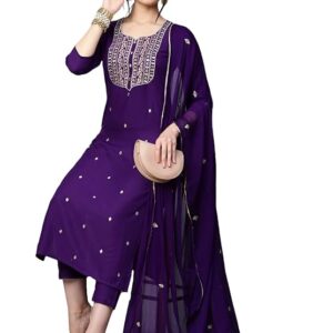 GoSriKi Women’s Cotton Blend Embroidered Kurta Set with Pant & Dupatta