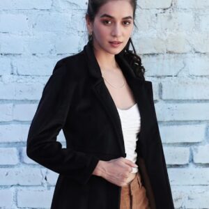 Black Notched Lapel Long Sleeves Open Front Blazer