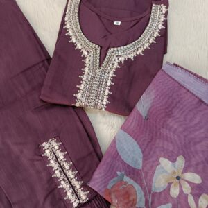 Wine Embroidered Straight Kurta Set with Printed Dupatta