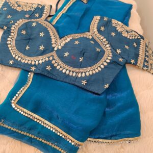 Teal Blue Silk Saree With Mirror Work Lace