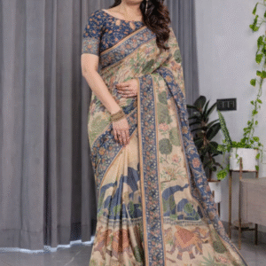 Printed Elephant & Floral Design Saree