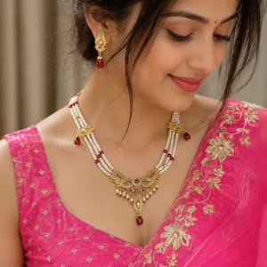 Gold Plated Traditional Pearl Necklace Set with Earrings