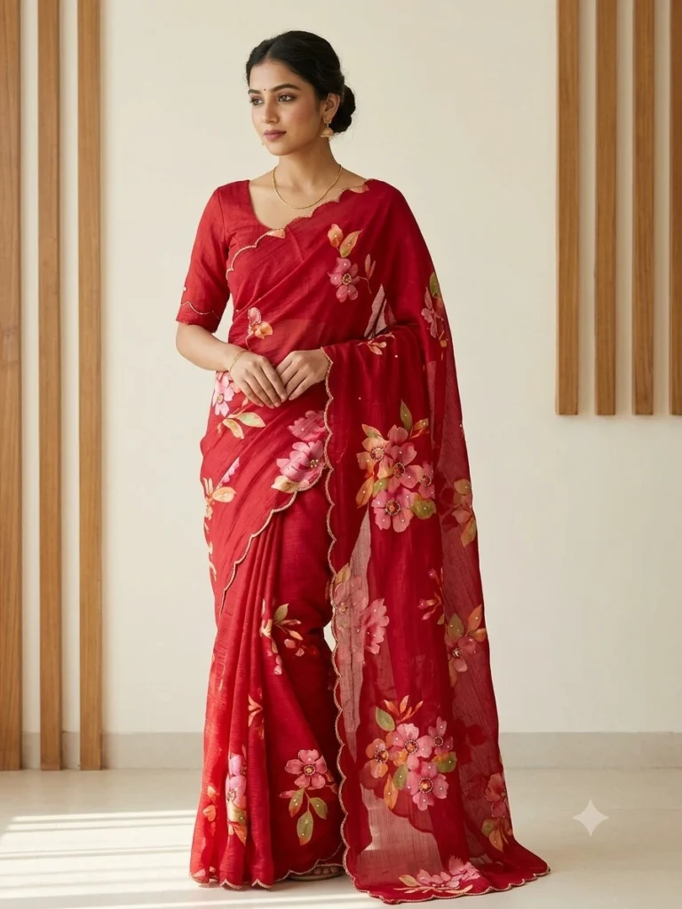 Red Floral Handwork Chinnon Saree