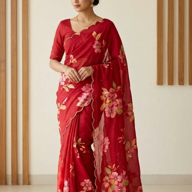 Red Floral Handwork Chinnon Saree