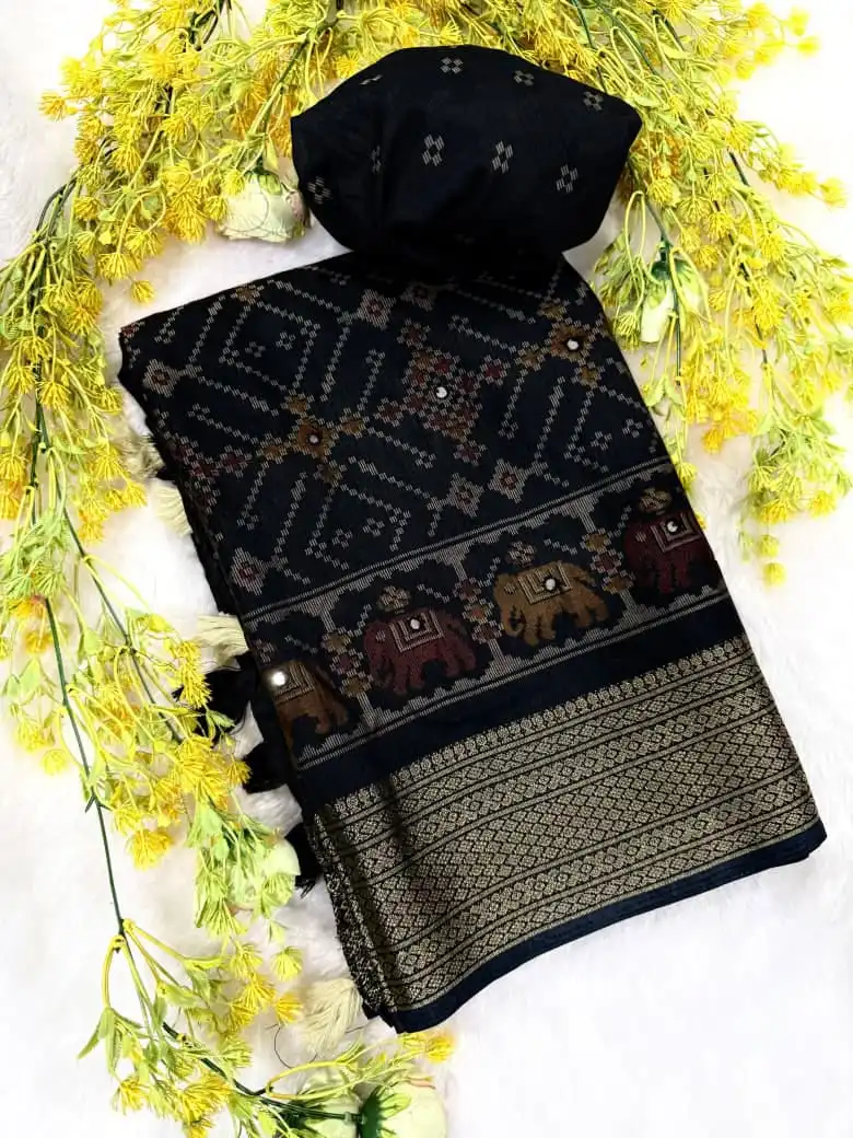 Black Crepe Silk Saree with Patola Print & Zari Border