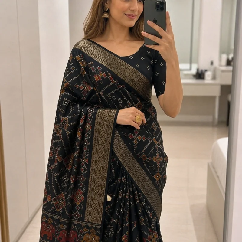 Black Crepe Silk Saree with Patola Print & Zari Border