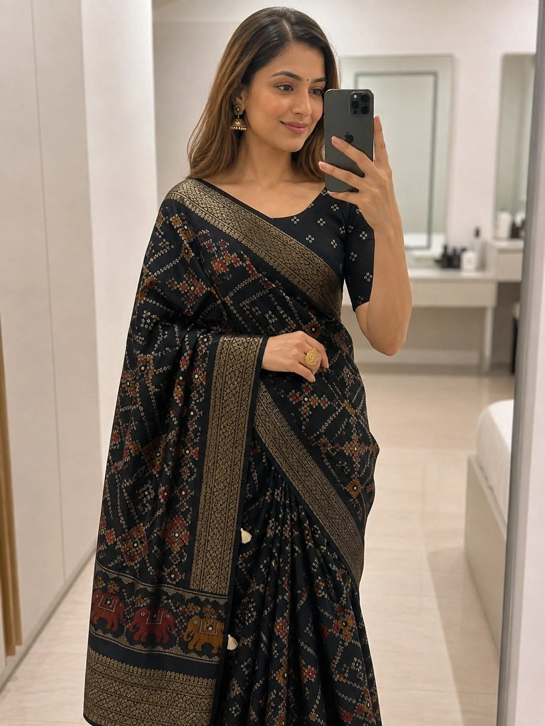 Black Crepe Silk Saree with Patola Print & Zari Border