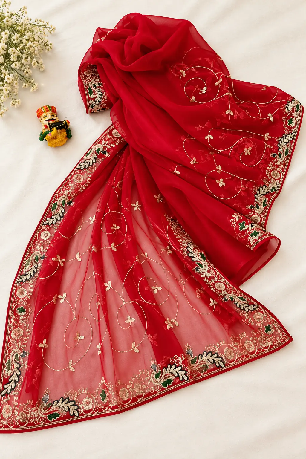 Red Georgette Saree with Peacock Motif & Jaal Work