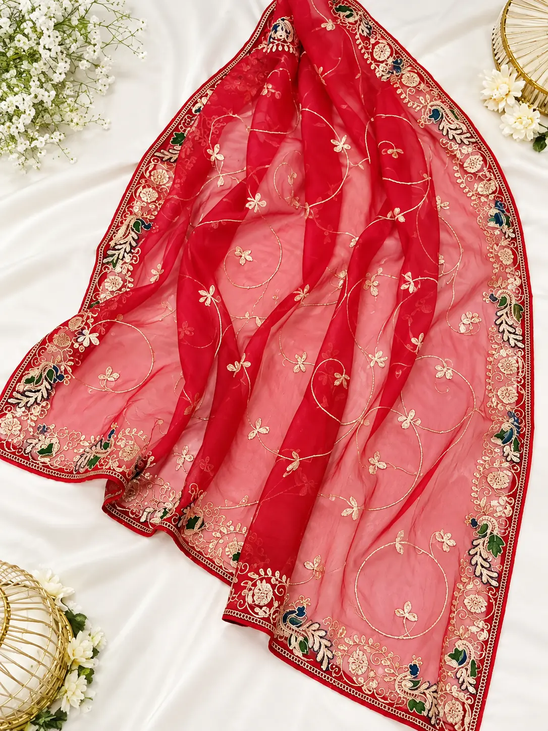 Red Georgette Saree with Peacock Motif & Jaal Work - Image 2