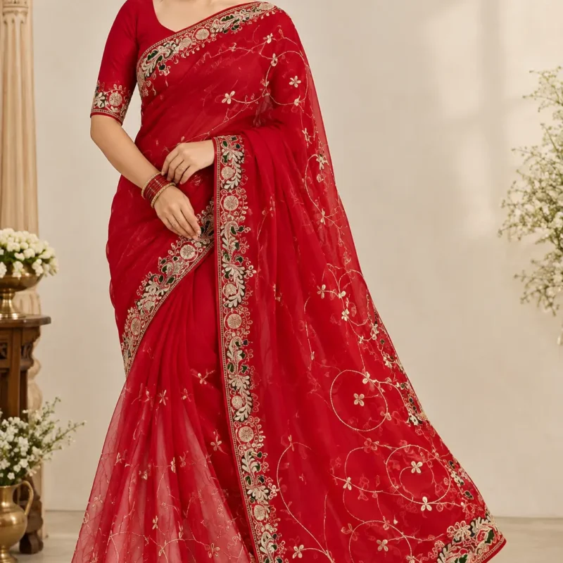 Red Georgette Saree with Peacock Motif & Jaal Work