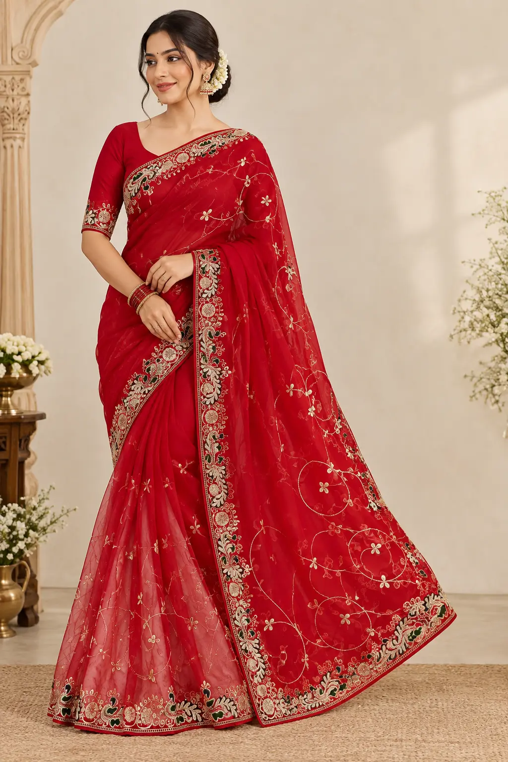 Red Georgette Saree with Peacock Motif & Jaal Work