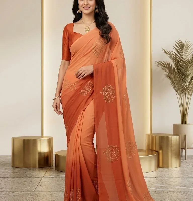 Rust Orange Chiffon Saree with Gold Leaf Mukaish Work